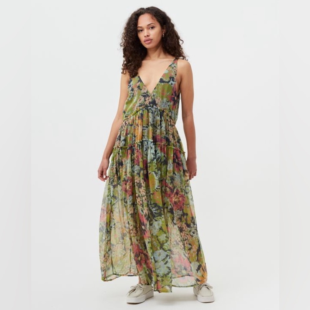 Free People Floral Tiered V-Neck Maxi Dress in Olive and Pink